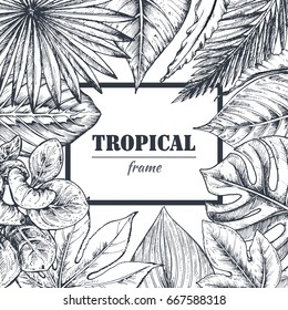 Vector Template With Frame Of Hand Drawn Tropical Palm Leaves, Jungle Plants. Beautiful Black And White Natural Background In Sketch Style