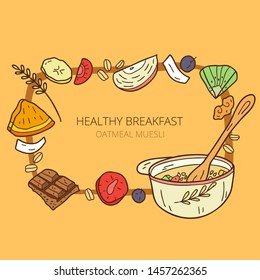 Vector template with a frame - healthy oatmeal muesli. Healthy granola food for breakfast organic snack.  Vector hand-drawn illustration of oatmeal muesli. 