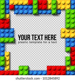Vector template frame for photo of plastic details in 4 color. Pattern of shiny plastic construction blocks of different sizes.