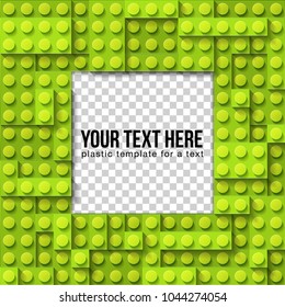 Vector template frame for photo of plastic details in green color. Pattern of shiny plastic construction blocks of different sizes.