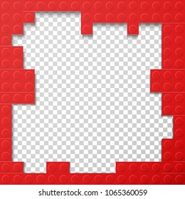 Vector template frame for photo of plastic details in red color. Pattern of shiny plastic construction blocks of different sizes.