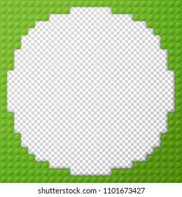Vector template frame for photo of plastic details in green color. Pattern of shiny plastic construction blocks of different sizes.