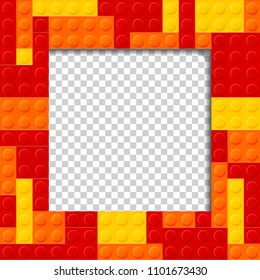 Vector template frame for photo of plastic details in red color. Pattern of shiny plastic construction blocks of different sizes.