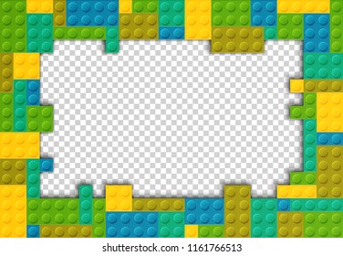 Vector template frame for photo of plastic details in green color. Pattern of shiny plastic construction blocks of different sizes.