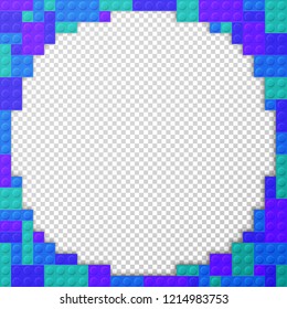 Vector template frame for photo of plastic details in blue. Pattern of shiny plastic construction blocks of different sizes.