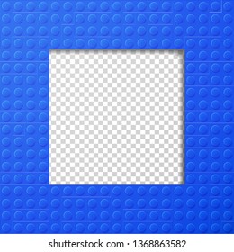 Vector template frame for photo of plastic details in blue. Pattern of shiny plastic construction blocks of different sizes.