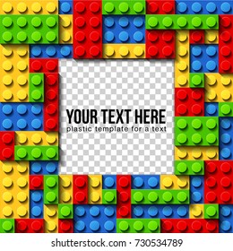 Vector template frame for photo of plastic details in 4 color. Pattern of shiny plastic construction blocks of different sizes.