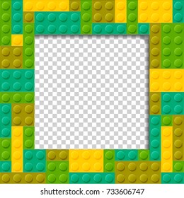 Vector template frame for photo of plastic details in green color. Pattern of shiny plastic construction blocks of different sizes.