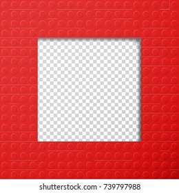 Vector template frame for photo of plastic details in red color. Pattern of shiny plastic construction blocks of different sizes.