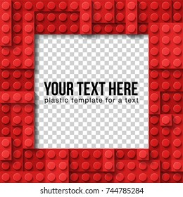 Vector template frame for photo of plastic details in red color. Pattern of shiny plastic construction blocks of different sizes.