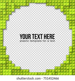 Vector template frame for photo of plastic details in green color. Pattern of shiny plastic construction blocks of different sizes.