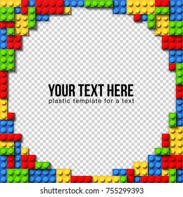 Vector template frame for photo of plastic details in 4 color. Pattern of shiny plastic construction blocks of different sizes.