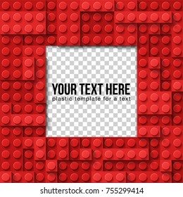 Vector template frame for photo of plastic details in red color. Pattern of shiny plastic construction blocks of different sizes.