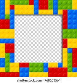 Vector template frame for photo of plastic details in 4 color. Pattern of shiny plastic construction blocks of different sizes.