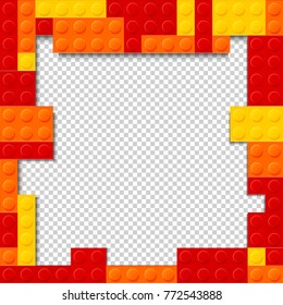 Vector template frame for photo of plastic details in 4 color. Pattern of shiny plastic construction blocks of different sizes.