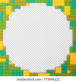 Vector template frame for photo of plastic details in green. Pattern of shiny plastic construction blocks of different sizes.