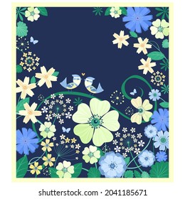 Vector template frame. Two tits in love sit in the grass surrounded by flowers and butterflies.