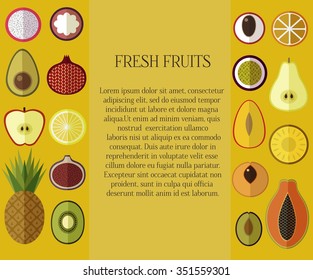 Vector Template with Fresh Fruits on yellow background. Made in Flat style. Avocado, Apple, Pear, Pineapple, Kiwi, Fig,  Plum,  Lemon,  Mango. Vector Template for Smoothie Bars, Organic Farm Labels.