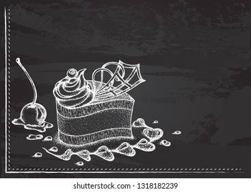 Vector template with fruit cake with cream stylized as chalk drawing on chalkboard.Design for a restaurant, cafe or bar