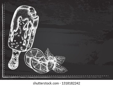 Vector template with fruit ice cream on a stick stylized as chalk drawing on chalkboard.Design for a restaurant, cafe or bar
