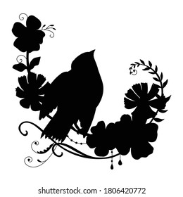 Flores y pájaros divertidos de plantilla de vectores. Ilustración de silueta negra aislada en blanco. Para invitación a la boda, diseño, impresión, camiseta, decoración de casa, pegatinas, velo meteorológico, aplicación y tatuaje.