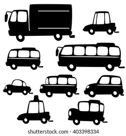 vector template of funny cartoon cars and land transportation silhouette