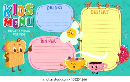 vector template. Funny and cute colorful kids menu with funny food