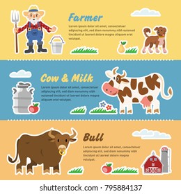 Vector template of funny milk farm with farmer, cow, milk and bull. Collection of cute farming template.