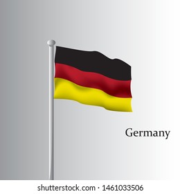 Vector template of Germany flag on metallic pole. Waving flag of Germany on flagstaff- country symbol. Isolated illustration on white background.
