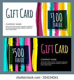 Vector template for gift card with abstract watercolor stripes background. Trendy colorful pattern. Concept for boutique, fashion shop, voucher, business template, beauty salon, flyer, banner design.