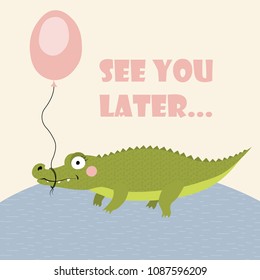 Vector template for gift card with a cute crocodile. Background with a small alligator and balloon.