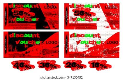 Vector template gift voucher black and white background of graffiti on a brick wall, the front and reverse side, added examples of figures 50 percent, 40 percent, 30 percent, 20 percent and 10 percent