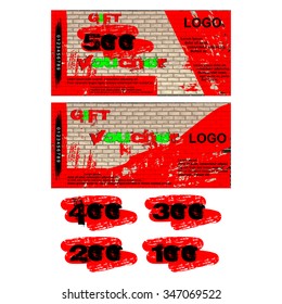 Vector template gift voucher graffiti on a brick wall, the front and reverse side, added examples of numbers 500, 400, 300, 200 and 100.