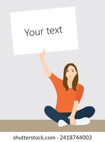 Vector template with girl holding card with text. Sitting on the floor
