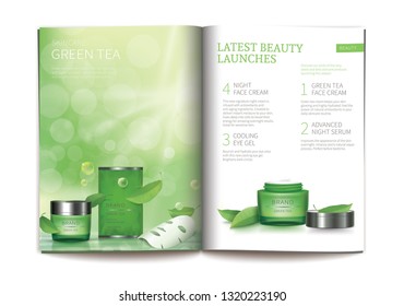 Vector template for glossy cosmetic magazine. Magazine or catalog spread, page with natural cosmetics, sheet mask next to green tea leaves and page with green night or day skin care product