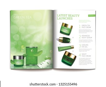 Vector template for glossy cosmetic magazine. Magazine or catalog spread, page with natural cosmetics, sheet mask next to green tea leaves and page with green night and day skin care complex