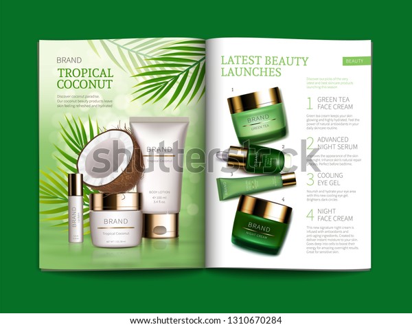 Vector template for glossy cosmetic magazine.
Magazine or catalog spread, page with natural cosmetics made from
tropical coconut next to palm leaves and page with green night and
day skin care complex