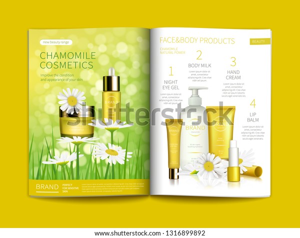 Vector template for glossy cosmetic magazine.\
Magazine or catalog spread, page with natural herbal cosmetics from\
camomile flowers on yellow background. Skin care complex from\
chamomile extract