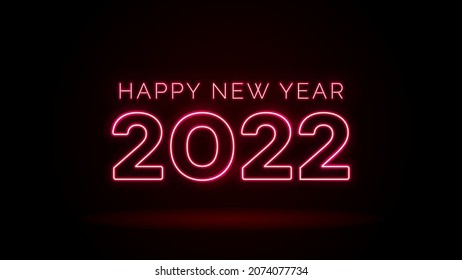 Vector template of glowing neon typography design "Happy New Year 2022" in color red, Holiday celebration decorative LED text sign.