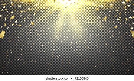 Vector template of golden confetti. Abstract illustration. Transparent sunbeams. Shiny background with lights of sparks. Sunburst effect.