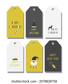 Vector template with golden and grey tags for Christmas and New Year presents. Decoration is made in Scandinavian geometric style with flat illustrations. Label for gift boxes