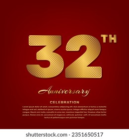 Plantilla vectorial con estilo de número de patrón dorado aislado en fondo rojo, plantilla vectorial simple y de lujo para la celebración del 32º aniversario