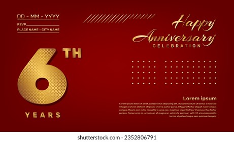 Vector template with golden pattern number style isolated on red background, modern and luxury template design for 6th anniversary celebration event