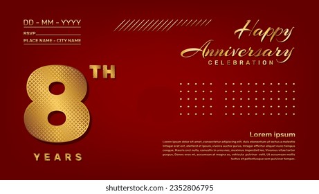 Vector template with golden pattern number style isolated on red background, modern and luxury template design for 8th anniversary celebration event