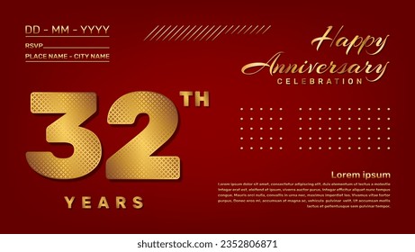 Plantilla vectorial con estilo de número de patrón dorado aislado en el fondo rojo, diseño de plantilla moderno y de lujo para la celebración del 32º aniversario