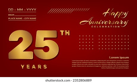 Vector template with golden pattern number style isolated on red background, modern and luxury template design for 25th anniversary celebration event