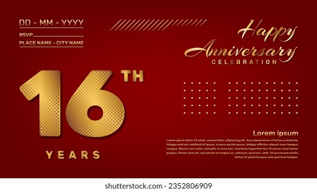 Vector template with golden pattern number style isolated on red background, modern and luxury template design for 16th anniversary celebration event