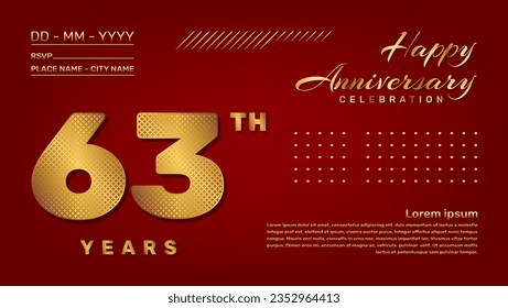 Vector template with golden pattern number style isolated on red background, modern and luxury template design for 63th anniversary celebration event