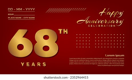 Vector template with golden pattern number style isolated on red background, modern and luxury template design for 68th anniversary celebration event