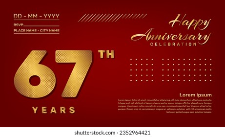 Vector template with golden pattern number style isolated on red background, modern and luxury template design for 67th anniversary celebration event